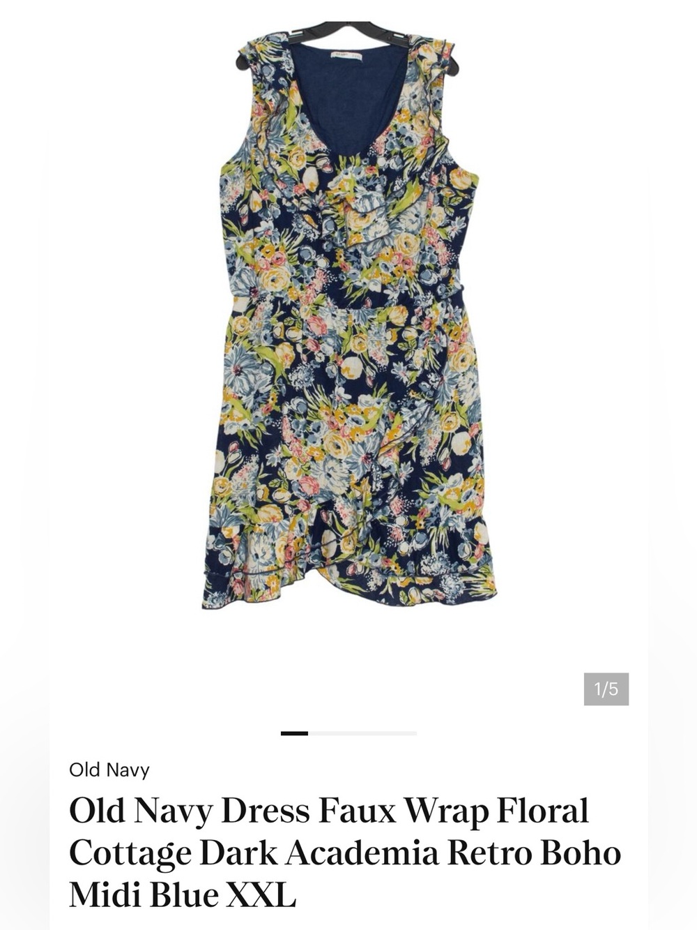 Old Navy Dress Faux Wrap Floral Cottage Dark Academia Retro Boho Midi Blue XXL